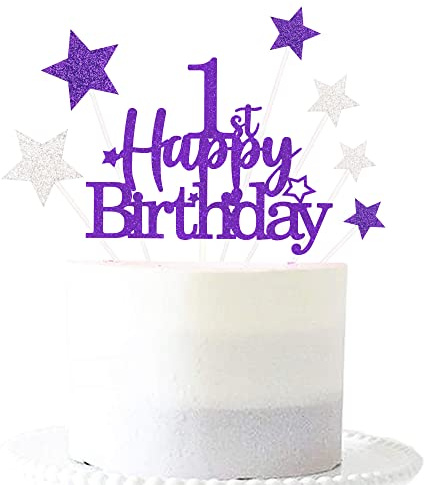 Pargleev Purple Silver 1st Birthday Cake Topper with Glittery Stars | 7-piece Purple Silver 1st set: 1 glittery 'Happy Birthday' topper + 6 star cupcake toppers; just place on the cake