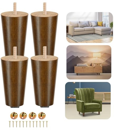 Yes4All 4 Inches Round Wood Furniture Legs Set of 4 - Wooden Replacement Feet for Couch, Bed, Bench - Adjustable Sofa, Ottomans Tapered Leg with Leveler - Brown Rubber Wood Parts for Table, Chair