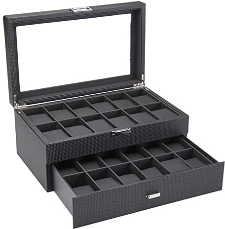 Uhren Aufbewahrungsbox Uhrenbox Uhrenkoffer Kohlefaser-PU-Leder 2 Schichten 24-Gitter-Uhrenaufbewahrungsbox Mit Schublade Abschließbarer Schmuckhalter-Vitrine Uhrenkasten Uhrenschatulle Uhrenhalter