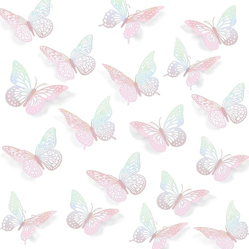 3D-Schmetterlings-Wandaufkleber, 48 Stück, 3 Stile, 3 Größen, abnehmbar, metallisch, Wandaufkleber, Raumbild, Dekoration für Kinderzimmer, Klassenzimmer, Party, Hochzeit, Dekoration (Laserpink)