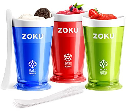 ZOKU Máquina original para granizados y batidos, paquete de 3 tazas para granizados caseros congelados rápidamente, batidos de frutas y batidos en minutos, azul/rojo/verde, juego de 3