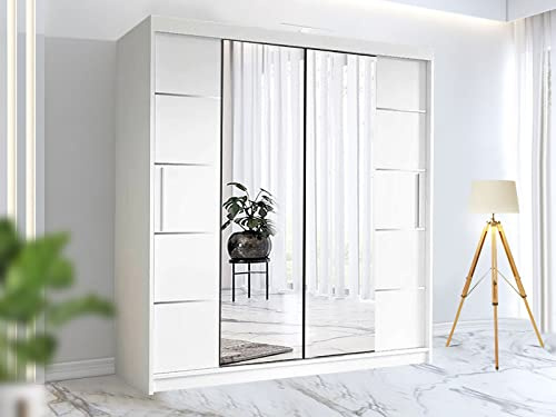 RAC3 Wardrobe for Bedroom with Mirrored Sliding Door & LED Light Premium Wardrobe Storage with Sleek Design comes in Colours Black/White/Grey/Oak & Different Sizes from 150cm - 250cm (White, 150cm)