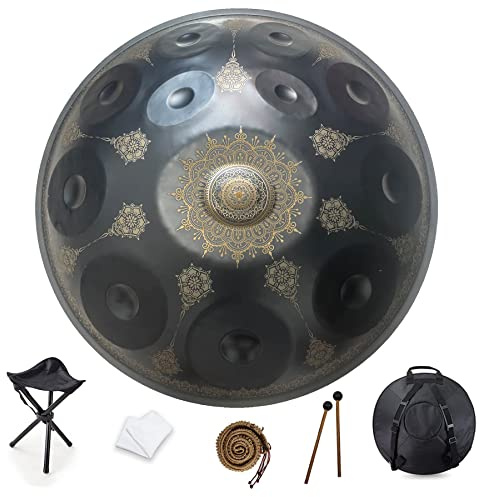 12 Noten 22 Zoll Handpan, d-Moll 440 Hz Stahl Trommel Percussion Instrument, Mandala Musical Performance Handmade Healing Musikinstrument Geschenk Schwarz