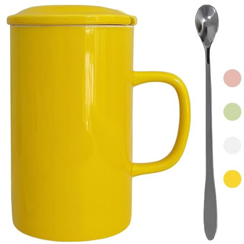 NIUKOMY Taza de Té Extra Grande, 1000 ML Copa Big Mug de Porcelana, Tazas de Cerámica Muy Grande, Taza Gigante Café con Cuchara y Tapa, XXL Taza Amarillo