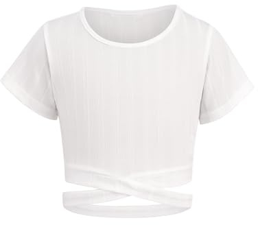 Arshiner Filles T-Shirts Courte Crop Top Enfants Croix Croisée Révèle la Taille Manches Courtes Mode Été Tee Tops Col Rond Shirt Casual Élégant Tshirts pour Fille 13-14 Ans Blanc