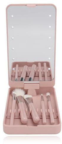 Make-up-Pinsel-Set Reise Größe, Small Kosmetik Set mit Etui, Licht, Spiegel, 5 Kleine Pinsel, Reise Essentials für Frauen, Mädchen, faltsam