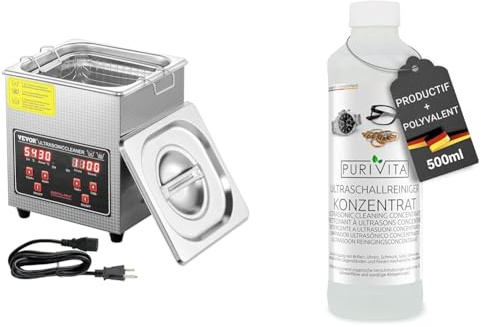 VEVOR Nettoyeur à Ultrasons 2L en Acier Inoxydable Bac Ultrasons Numérique avec Chauffage Temps & PURIVITA - Concentré de Nettoyant liquide pour produits ultrason - Multi-usages - Nettoyeur Bijoux