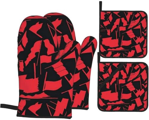 4 Stück Ofenhandschuhe Set Rot Auf Schwarz Kochhandschuhe Hitzebeständige Topfhandschuhe Wasserfeste Grillhandschuhe, Für Küche, Backen, BBQ