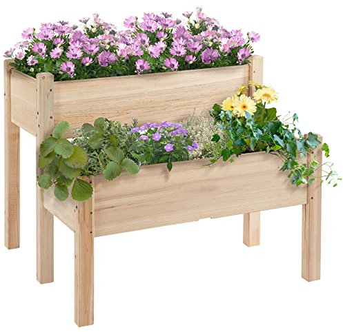 Outsunny Mesa de Cultivo Huerto Urbano Elevado de Madera de 2 Niveles Mesa de Jardinera para Cultivo Plantas Flores Verduras 86x85x72 cm Madera Natural