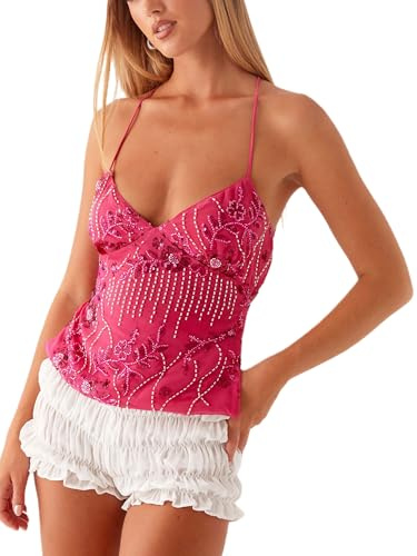 YILEEGOO Women Sequin Sparkle Open Back Criss Cross Straps Tank Top Y2k Pearl Embellished Cami Tops Sexy Bling Glitter Rhinestone Camisole (Rose Red, S)