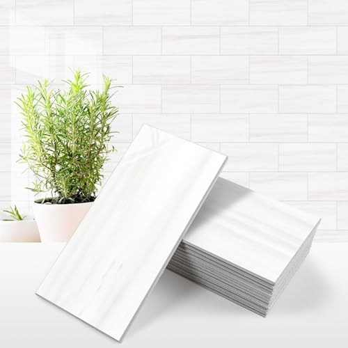 STICKGOO 100-Piece Glossy Dolomite White Peel and Stick Backsplash Tile,3''x6'' PVC Subway Tile with White Grout, Stick on Backsplash for Kitchen/Bathroom/Fireplace