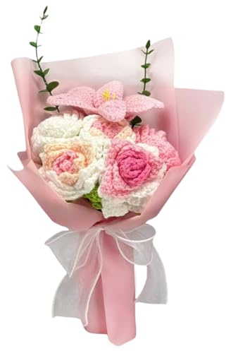 Crochet Flower Bouquet, 6 Flowers Crochet Graduation Flower Bouquet, Knitted Bouquet, Roses, Preserved Flower for Mother's Day, Valentine's Day, Birthday (Big-Pink)