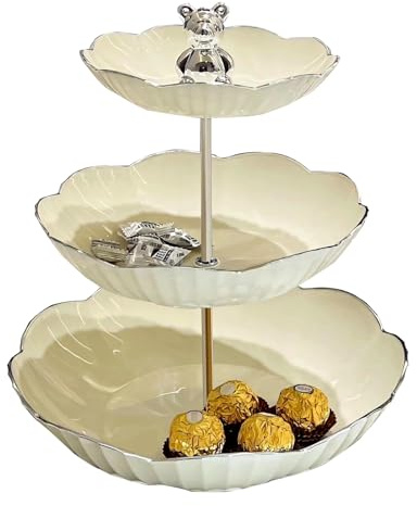 luobean Plato de frutas de 3 niveles, cesta de frutas que ahorra espacio, familia, estable y no tiembla, plato de frutas, frutero moderno con bambú natural, verduras, frutas, aperitivos