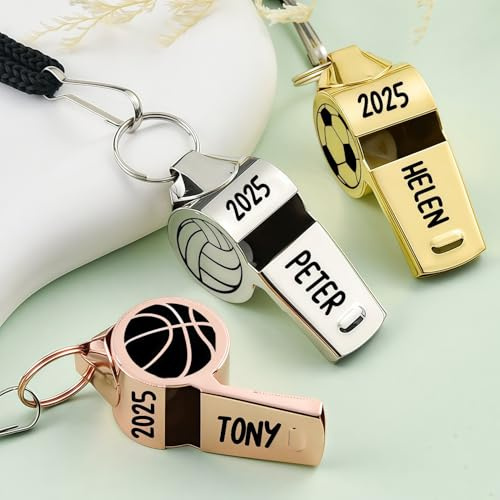 Drawelry Personalisierte Pfeifen für Schiedsrichter Trainer mit Namen Buchstaben Ballsymbol Gravur Trillerpfeife Sport Edelstahl Pfeifen Dankeschön Geschenk für Trainer, Athlet, Lehrer