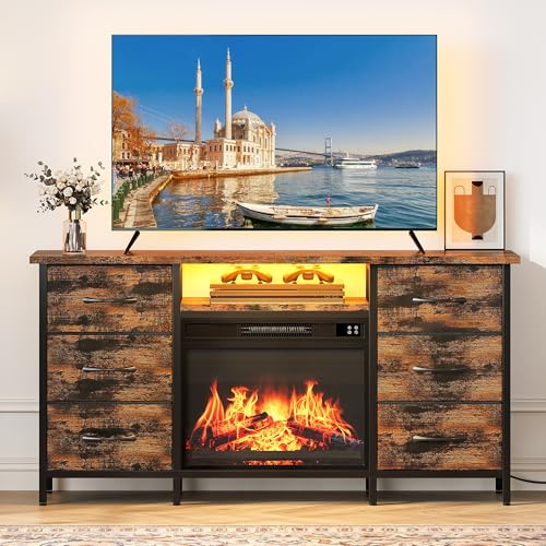 YITAHOME TV Stand with Freplace, TV Unit with Fireplace Built in TV Cabinet,TV Stand Cabinet for 50 Inch TV with 6 Drawers Storage, LED Lights Overheat Protection, Fireplace Heater & Remote Control