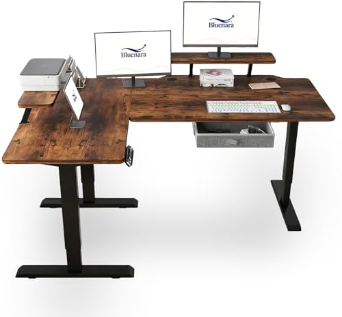 Bluenara – Elektrisk höjdjusterbart skrivbord med LED-display och bildskärmsstativ, 160 cm L-form, stående skrivbord – Höjdjusterbart bord för hemmakontor, brun