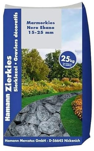 Hamann Mercatus GmbH Marmorkies Nero Ebano 15-25 mm 25 kg Deokoration Garten Einfahrt Hof Beet Drainage UV-stabil & frostbeständig Sauber, staubarm & pflegeleicht