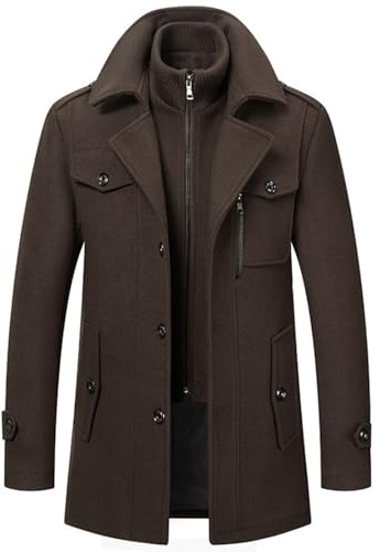 SaiDeng Abrigo de lana para hombre de invierno – Clásico abrigo corto de un solo botón hecho de lana con solapa, abrigo largo de ajuste regular para negocios y ocio, cálido abrigo de cachemira con