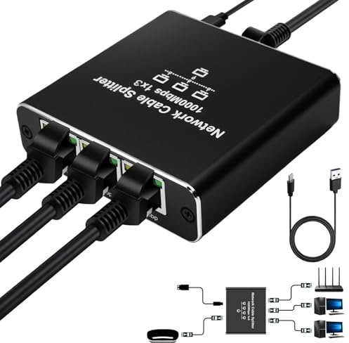 Ethernet Splitter 1 to 3 out 1000Mbps High Speed Gigabit Internet Lan Network Switch With Portable USBC Power Cable for Computer Hub Router ADSL Set Top Box Digital TV Etc Working Simultaneously Black