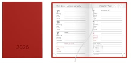 Idena 12055 - Taschenkalender DIN A7 2026, 1 Woche auf 2 Seiten, Terminplaner mit Balaton Einband in Rot, Leseband und Eckperforation