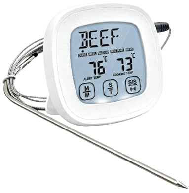 Meat Thermometer Digital, Touchscreen Meat Thermometer, Fast & Precise Read Food Thermometer, Stainless Steel Long Food Temperature Probe for Kitchen, Outdoor Grilling and BBQ with Timer Alarm