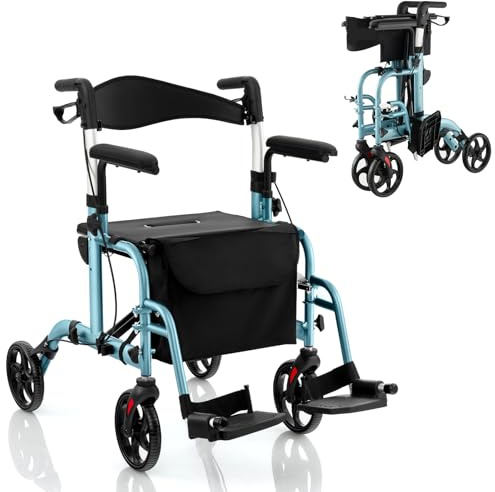HOMASIS 2 en 1 Déambulateur Pliable Hauteur Réglable avec 4 Roues, Poignée Frein à Main Porte-Parapluie, Rollator Léger avec Dossier Réversible pour Personnes Âgées, Handicapées Charge 136 kg (BLEU)