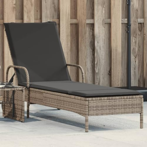 Frdhee Camping Liegestuhl Sonnenbank,Sonnenliege mit Rollen und Auflage Grau Poly Rattan,Lesestuhl für Strand,Garten,Pool