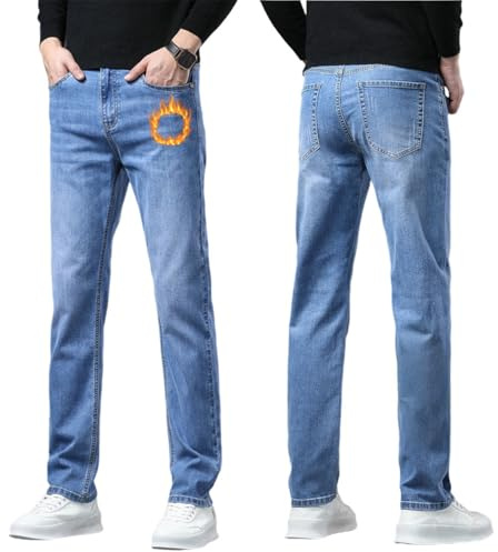 Oanviso Hombre Jeans con Forro Polar Invierno Termico Denim Cómodo Chino Pantalones de Traje Vaqueros Holgados Jean Casuales Elasticos Pantalón