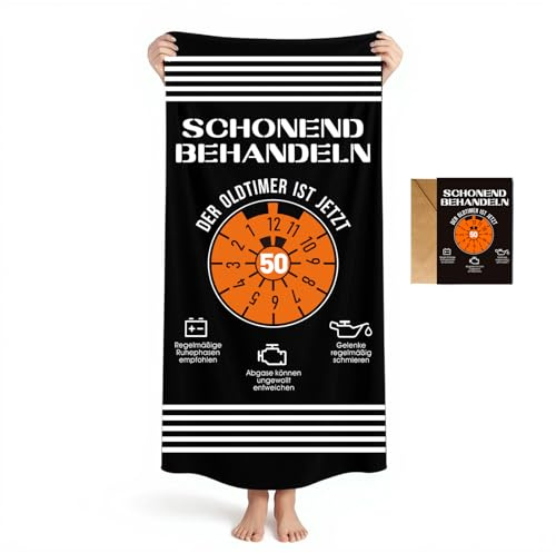 Gratitopia Geschenke zum 60. Geburtstag - Schwarz Handtuch & Strandtuch mit Geburtstagskarte 60(160x80cm)- Schonend behandeln Das Gute Stück ist 60 - Lustige Geschenk 60 Geburtstag für Männer & Frauen