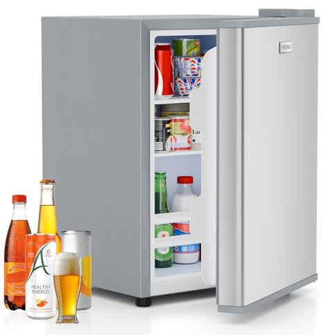 VELPAX Mini Fridge, 58L Table Top, 43dB Quiet, 7-Level Temperature Control (6-18°C), LED Light, for Bedroom, Office & Kitchen [Energy Class E] (Silvery)