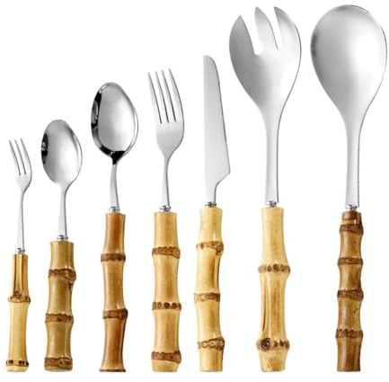 Set di Posate con Manico in Legno Utensili in Acciaio Inossidabile 401 con Impugnatura in bambù Set di Posateria Ecologico Cucina Tavola Idea Regalo per Mamma E Moglie (7 Pezzi)