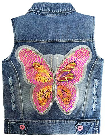Peacolate 4-9Years Girl Outfit Embroidered Butterfly Sequin Denim Vest(Butterfly,5-6y)