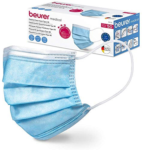 Beurer MM 15 Masque chirurgical type IIR, fabriqué dans l'UE, protection à 3 couches, protège votre entourage contre les gouttelettes et les microorganismes, 50 pièces