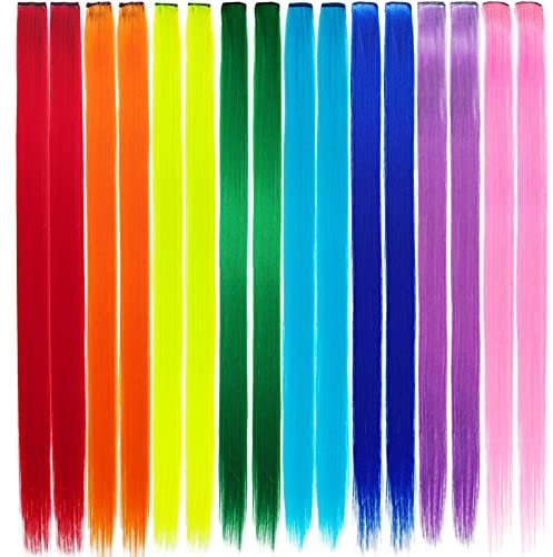 16 PCS Colored Clip in Hair Extensions, Colorful Party Highlights Hair Synthetic Hairpieces Rainbow Hair Accessories for Women Girls, 8 Colors (Straight)