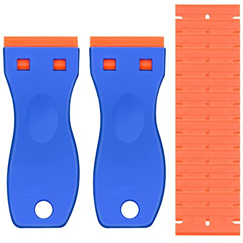 Winfred 2 Stück Schaber mit 100 Stück Kunststoffklingen Ceranfeldschaber/Autofolie Schaber/Glasschaber/Kochfeldschaber/Vignettenschaber (Blau orange)