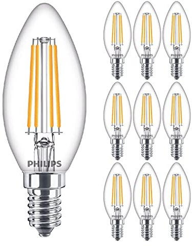 Philips 10 Pack Classic LED Clear Filament Candle B35 Lamp 6.5W (60W) E14 SES Small Edison Screw 2700k Warm White | 806 Lumen | 15000 Hours | Car Air Freshener Included | 80+ CRI
