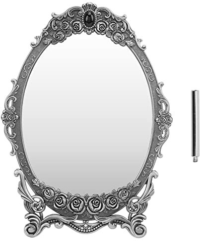 Espejo de Maquillaje de Escritorio Retro, Espejo de Tocador de Mesa Vintage Antiguo Espejo de Maquillaje de Pedestal Brillante con Flor Hueca en Relieve para Ayuda de Maquillaje Portátil(Plateado)