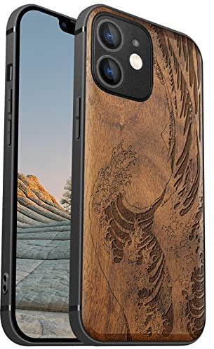 Carveit Coque magnétique pour iPhone 12 Mini [Élégant Noyer] [Pare-Chocs en TPU Souple] Coque de téléphone Antichoc Compatible avec 12mini Magsafe Coque Bois (Grande Vague Kanagawa)