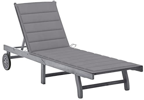 Makastle Gartenliege mit Auflage und Rollen, Sonnenliege mit Verstellbarer Rückenlehne und die Fußstütze, Holzliege Relaxliege für Garten und Terasse, 200 x 63 x 85 cm Akazie Massivholz