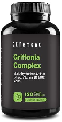 Griffonia Simplicifolia (30 % 5-HTP) avec L-Tryptophane, Extrait de Safran, Vitamines B1, B6, B12 et Zinc - Système Nerveux, Fonction Psychologique, Fatigue - 120 Gélules Véganes - Zenement