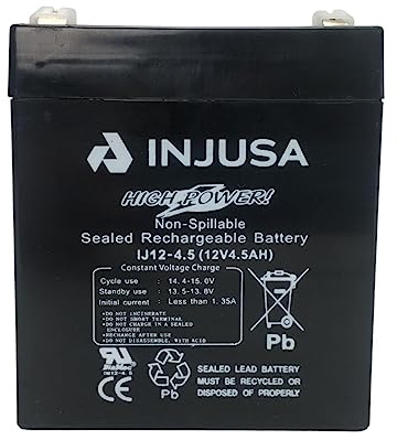 INJUSA Blei-Säure-Batterie, 12 V und 4,5 Ah, kompatibel mit 12 V INJUSA Elektrofahrzeugen, Motorrädern, Autos und Quads mit 12-Volt-Batterie, mit 60 Minuten Autonomie und 12 Stunden Ladezeit