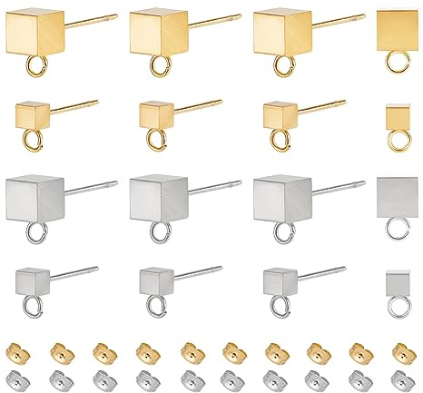 UNICRAFTALE 32 st 2 färger, 2 storlekar, kubörhängen, i 2 storlekar, fynd, rostfritt stål, stiftörhängen med baksida och öglor för gör-det-själv-smyckestillverkning