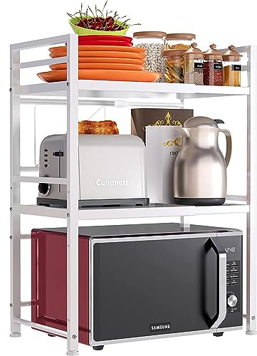 Shally Dogan Estante Extensible para microondas de Acero para Ahorrar Espacio, estantería Doble con 2 estantes para Especias, Mueble Organizador con Ganchos y Patas Antideslizantes, diseño Moderno