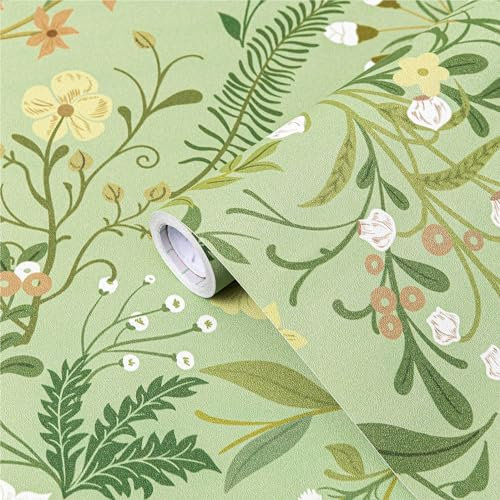 Fantasnight Klebefolie Möbel grün 44 x 300cm, Blumen Motive Selbstklebende Tapete Abnehmbar, Matt Wandtapete Vintage Bunt Floral Folie Für den Einsatz im Wohnzimmer Schlafzimmer Wand