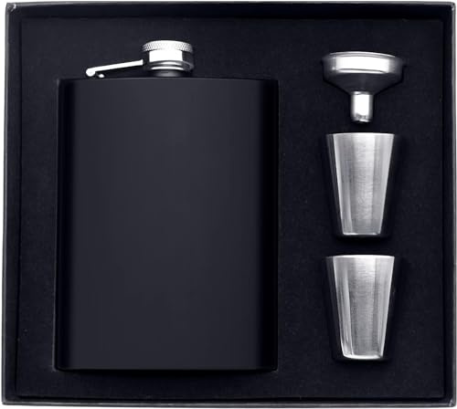 BSTMOME 7OZ Stainless Steel Wine Pot Hip Flask Flagons Drinkware 2 Shot Glass & 1 Funnel & Gift Box Set for Men Whisky Container Drinkware Alcohol Bottle (Black)