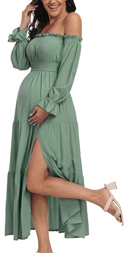 Umstandskleid im Boho-Stil, schulterfrei, lange Ärmel, Seitenschlitz, fließendes Maxikleid in A-Linie mit Stufenrock für Babyparty und Schwangerschaftsfotos
