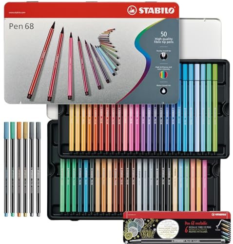 STABILO Premium-Filzstift Pen 68-50er Metalletui - mit 46 verschiedenen Farben - 6er Metalletui - 2x silber, je 1x gold, kupfer, metallic blau, metallic grün