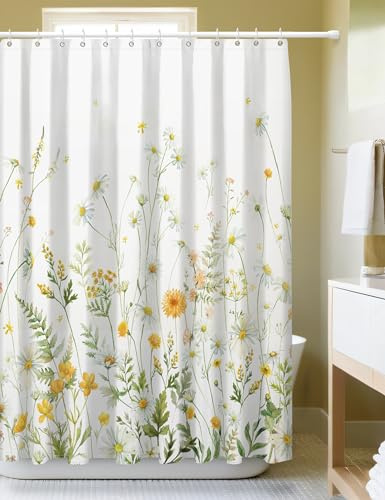 SUMGAR Duschvorhang Blumen, Gelber Duschvorhang 180x180, Wasserabweisend, Waschbar Polyester Badevorhänge mit 12 Ösen und Duschrollo für Badewanne