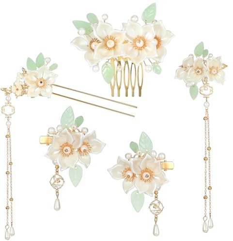 Amabro Juego de 5 horquillas de flores chinas de Hanfu, tocado floral retro chino con borlas, accesorios para el cabello para peinado, uso diario, fiestas, banquetes, citas, bodas (camelia)