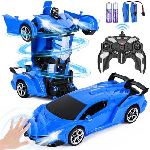Highttoy Fjärrstyrd bil för pojkar, fjärrstyrd transformerbar robotbil med gestavkänning 360° rotation transformator leksak för 3-12 år gammal barn 2,4 GHz 1:18 RC racerbil leksaker barn, blå